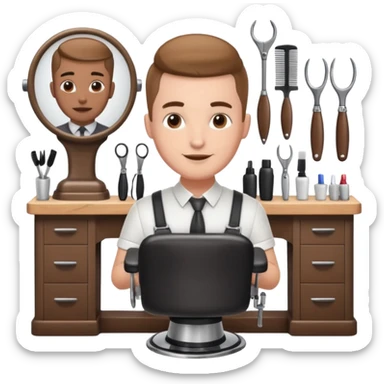 virtual assistant character in a small barber shop, friendly and helpful, surrounded by barber tools sticker