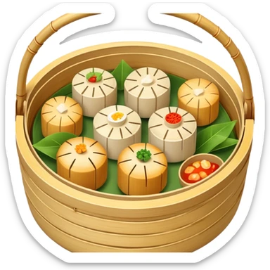 Realistic Dim Sum pieces in a bamboo stimmer basket sticker
