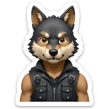 A full black anthropomorphic wolf with white marks, he is wearing a rubber like dog muzzle, and his ears are standing up with a variety of piercings. He has a black tactical vest on, and he is in a grumpy mood, his arms just hanging by his side sticker
