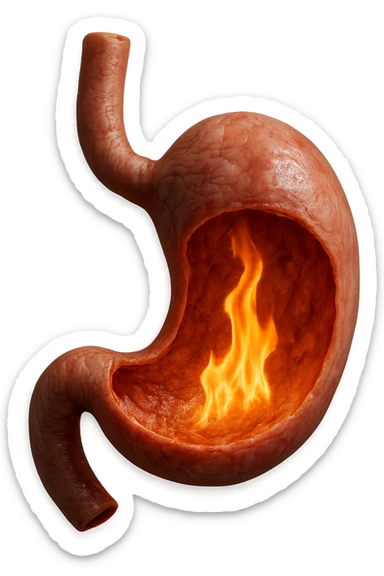 stomaco umano anatomico  con fiamma che brucia all'interno, iperrealistico 4k sticker