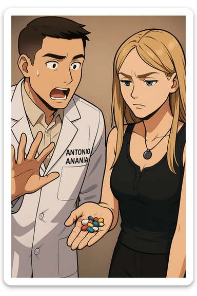 fai un webtoon/manga a colori con questo kinesiologo in camice bianco (fagli la scritta "ANTONIO ANANIA" SUL CAMICE) CHE PARLA CON QUESTA RAGAZZA. LA RAGAZZA HA UN PUGNO DI INTEGRATORI IN MANO (TANTE PILLOLE DIVERSE) E LE GUARDA DUBBIOSA. IL KINESIOLOGO CON IL CAMICE BIANCO LE DOMANDA UNA COSA SCIOCCATO. NON FARE I FUMETTI, FAI SOLO LORO COME SE DIALOGASSERO sticker