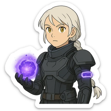 1 female, white hair long braid, gold yellow eyes, no helmet, a novice warlock from Destiny 2 armor, charging a void grenade in her hand, futuristic technology, with a glowing warlock bond, level 1 warlock sticker
