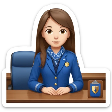 Young girl, long straight hair, wearing uniform jacket with hotel name badge, tasteful scarf, stand behind the desk

 sticker