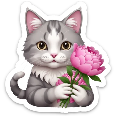 Cute cat Handing pink peonies like reaching a hand and handing them out a bouquet of them not a physical hand the cats hand  make the cat fluffy and grey and white fluffier make the cat wear a pink coquette make her wear a pink coquette make the peonies open and in boquette sticker