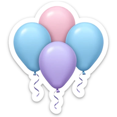 Three floating balloons emoji, each of the balloon's color is light pastel blue, pastel pink, and pastel purple. Cute IOS emoji style. sticker