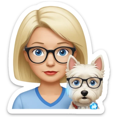 white woman blue eyes glasses middle aged blonde bob funny with westie sticker
