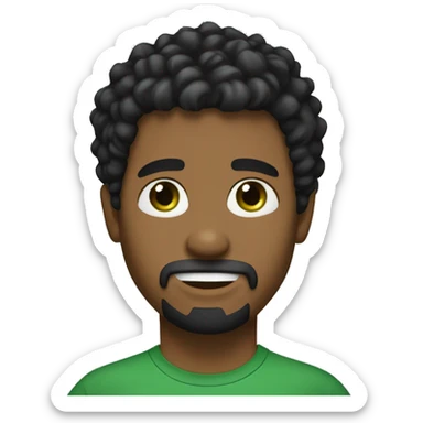 Male with curly black medium length hair and bangs. He wears a black t-shirt and has green eyes. he has a little goatee sticker