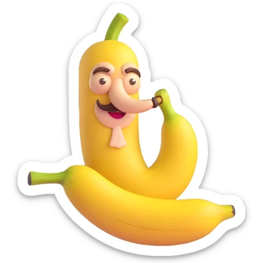 banana with cane, very old, curled mustache, age spots on peel, soft smile, 3D style, minimal background sticker