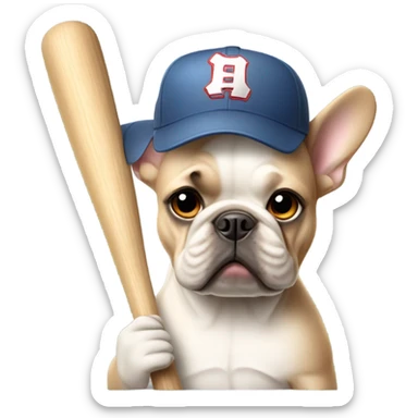 Beige French bulldog with a baseball bat and baseball cap on sticker