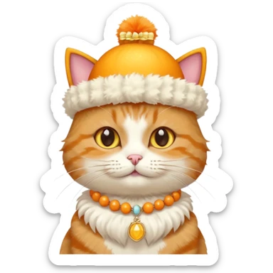 cat wearing a creamy cake hat with fun necklace around his neck and a yellow bow in the middle sticker