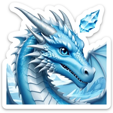 Cinematic Noble wise elegant Ice Dragon Portrait Emoji, Poised and imposing, distinct long elegant snout, with a slender, scaled body shimmering in glacial hues of icy blue, frostbitten silver, and crystalline white, breathing out frost, with piercing, glowing ice blue white eyes that radiate the chilling depths of an arctic storm; rendered in detail. excuding wisdom sticker