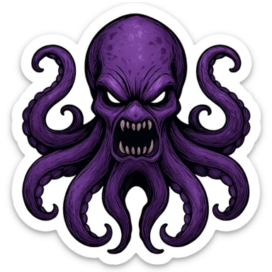 Remove the nose, make the octopus look scary, keep the purple color, with no background. Maintain the original style and details of the octopus while making it look scary and purple. sticker