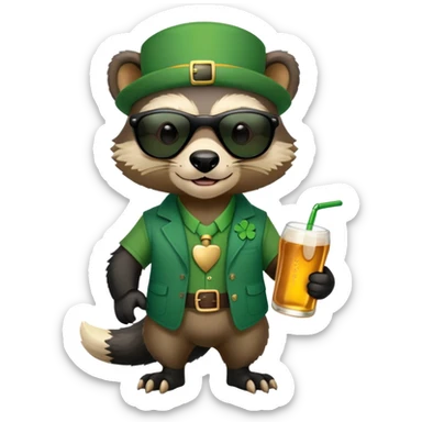 friendly anthropomorphised honey badger in a casual green-themed outfit with St. Patrick's Day accessories, wearing sunglasses sticker
