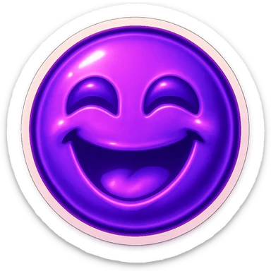A funny face emote with a neon purple theme, expressing joy, compact and expressive sticker