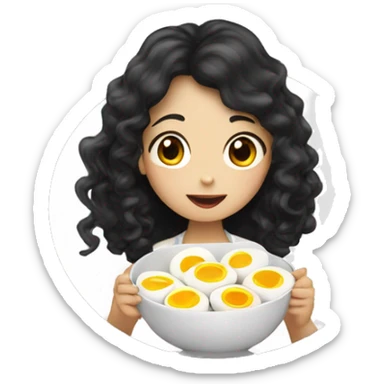 an asian girl with long black curly hair eating boiled eggs sticker
