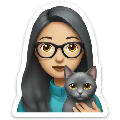 Asian woman holding Russian Blue cat with glasses sticker