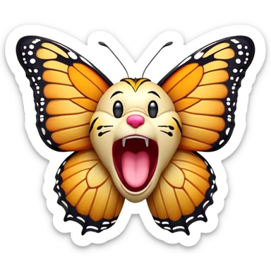 Cinematic Realistic Cute Yawning monarch Butterfly Portrait Emoji, Head tilted slightly with a dramatic, wide-open yawn, showcasing soft, downy ruby wings with gentle droop and half-closed, drowsy eyes rendered in exquisite natural detail, high shine, relaxed yet expressive, styled with a dash of delicate floral charm, soft glowing outline, capturing the essence of a sleepy yet affectionate red butterfly that appears ready to rest its vibrant wings in quiet slumber! sticker