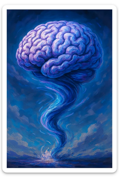 A tornado shaped like a brain, blending the forms to create a unique brainstormer symbol, with a sense of movement and creativity. sticker