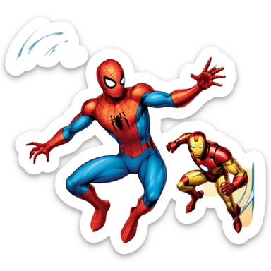 Icon for Vintage Comics and Manga: an open comic book with retro Marvel-style artwork, featuring iconic superheroes like Spider-Man and Iron Man, with action lines. The icon should capture the dynamic and colorful nature of classic comics and manga. Transparent background. sticker