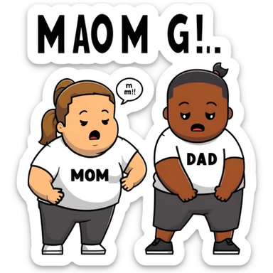 A fat short guy in a black hoodie with a ponytail is crying. Behind him are two black men, one wearing a white t-shirt with "MOM" text, the other wearing a white t-shirt with "DAD" text. sticker