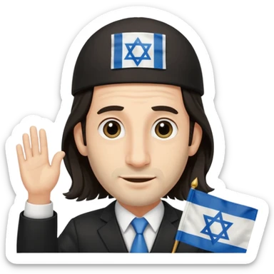 jewish jew man's face, wearing a tiny black kippah and 2 thin long hair strands near the ears, big nose, only face, no body, no mustache, holding israel flag sticker