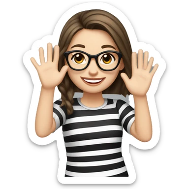 caucasian, brunette girl in black and white striped shirt and glasses, waving and smiling sticker