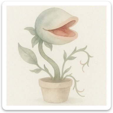 Audrey II, the carnivorous carnivorous plant from Little Shop of Horrors, watercolor illustration style sticker