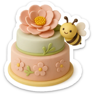 Add a cute bee next to the pink flower in fondant cake art style, keeping the cake-like appearance and colors consistent. sticker