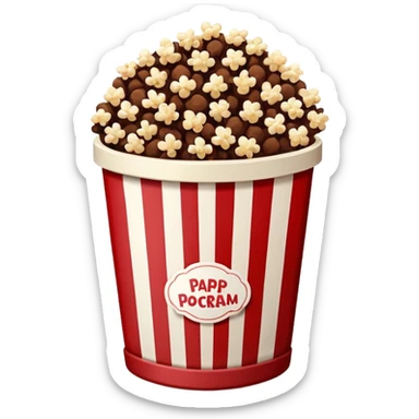 Chocolate brown popcorn in a paper jar with red and white vertical lines sticker