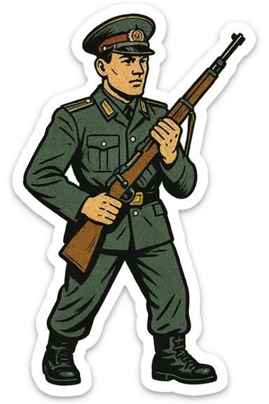The full body of an east German soviet border guard holding a 1950s rifle close to his body sticker