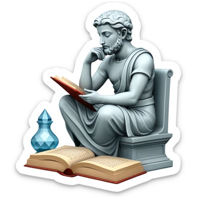 An icon featuring a thinker statue, a scroll, symbolizing philosophy. The design includes books and abstract symbols representing deep thought and wisdom. Transparent background highlights the study of ideas, logic, and existential questions sticker