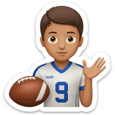 a boy having a football ball next to his hand wearing a football jersey sticker