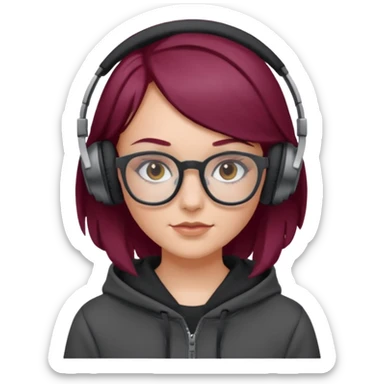white girl with burgundy hair, gray square glasses, black deportive hoodie and black headphones sticker