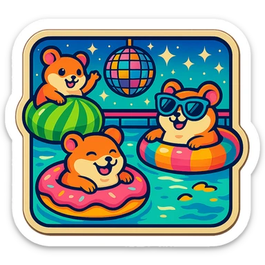 Make the pool party scene a night scene with a dark sky, glowing disco ball, neon pool lights, and sparkling stars. Keep the retro nostalgia style, weed, cheese, and THC theme, and preserve transparency if present. sticker