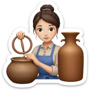 Brunette girl with a bun, behind the potter's wheel, wearing neutral clothing sticker