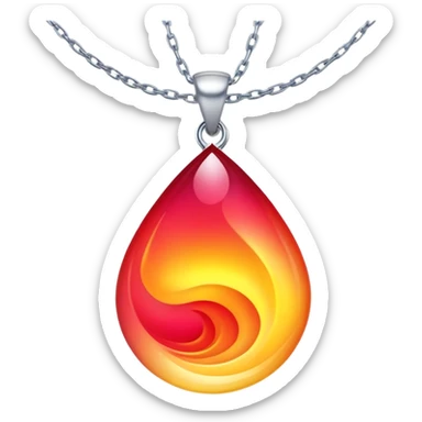 ruby pendant with a fiery red-yellow gradient glow, silver chain undulating like water, cosmic aura backdrop sticker