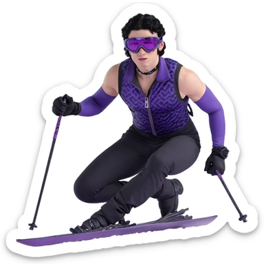 male athlete with white skin and moderately curly black hair on top with shaved sides, wearing ski goggles with purple frames and very dark black lenses, a simple plain black chain necklace, and a completely unzipped sleeveless vest with purple and black sequin fire pattern design, fully revealing his chest, shoulders and arms, no earrings sticker