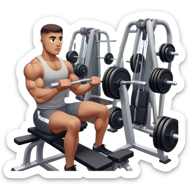 A focused athlete working out on a strength training machine in a modern gym. Muscles engaged, expression determined, demonstrating power and endurance. The gym is filled with equipment like dumbbells, barbells, and mirrors reflecting effort, creating a high-energy atmosphere. sticker