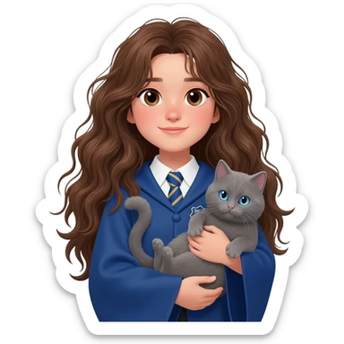 Asian girl with long messy wavy brown hair and brown eyes wearing blue Ravenclaw robe, holding a gray cat with blue eyes in hands sticker