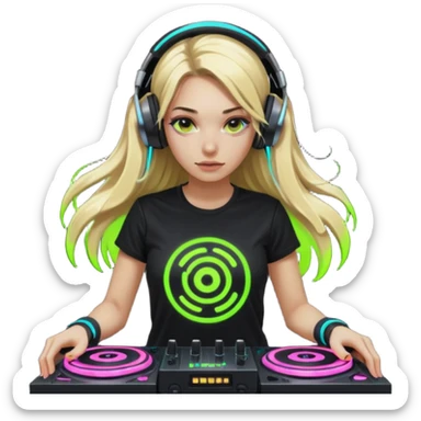 Beautiful cyberpunk style female DJ with long blonde hair, looking down, wearing black with neon on her graphic tshirt, spinning her neon glowing turntables and headphones, 8k sticker