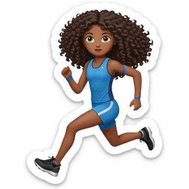 Uma boneca morena escura com olhos castanhos e cabelo cacheado longo até o peito, treinando correndo sticker