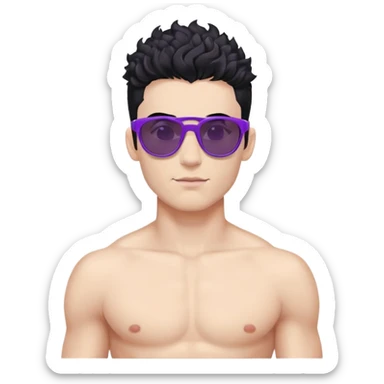 shirtless male athlete with white skin and moderately curly black hair on top with shaved sides, wearing purple sunglasses with black tinted lenses sticker
