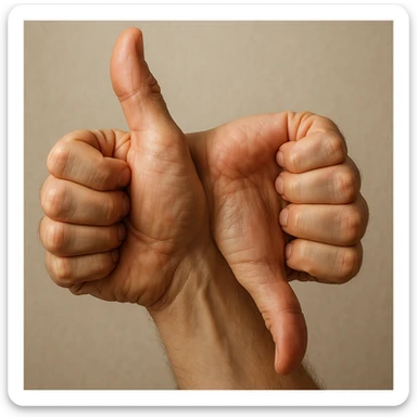 realistic detailed illustration of a hand with two thumbs, one thumb up and one thumb down sticker