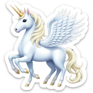 All white Cinematic Noble Unicorn with wings, slender with a flowing mane and tail and spiraled horn sticker