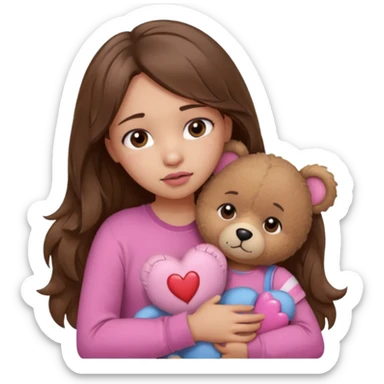 girl with long wavy brown hair, brown eyes, light to medium complexion, in a pink shirt, pink lips, long lashes, sad, hugging squeezing a teddy bear with bandaid hearts sticker