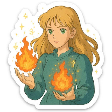 blonde woman with green eyes, fireballs in her hands, magical sparkles and glowing runes, ghibli style sticker