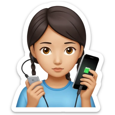  A chinese girl looking at a phone with charging cable sticker