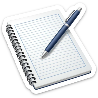 Front-facing notebook icon with a pen on the right side, minimal line-art, clean modern style, perfectly straight angle (no tilt), simple outlines, slightly 3D, no background, transparent, “documenting / journaling / tracking progress sticker