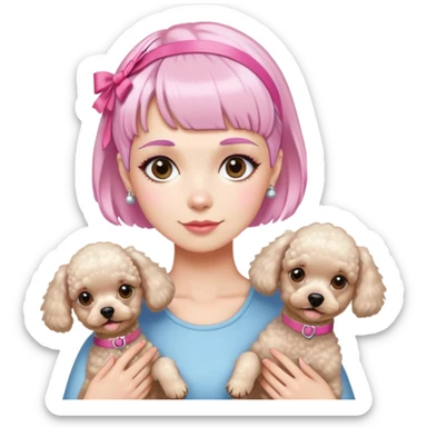 short pixie bangs platinated woman pink hair band，fair-skinned ,no earringsholding two poodles sticker