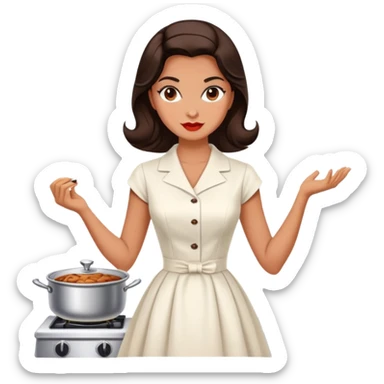 Beautiful woman in 1950’s woman fashion look, white dress, long dark brown hair, cooking sticker